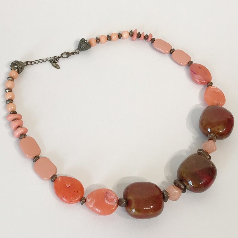 EsMor Chunky Ceramic Glazed Beaded Necklace Red Peach Pink